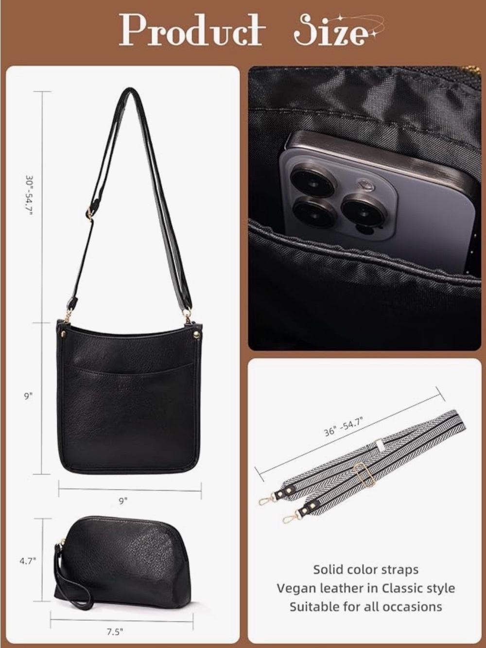 Adore Black Crossbody Bag with Striped Strap - Picture 4 of 7